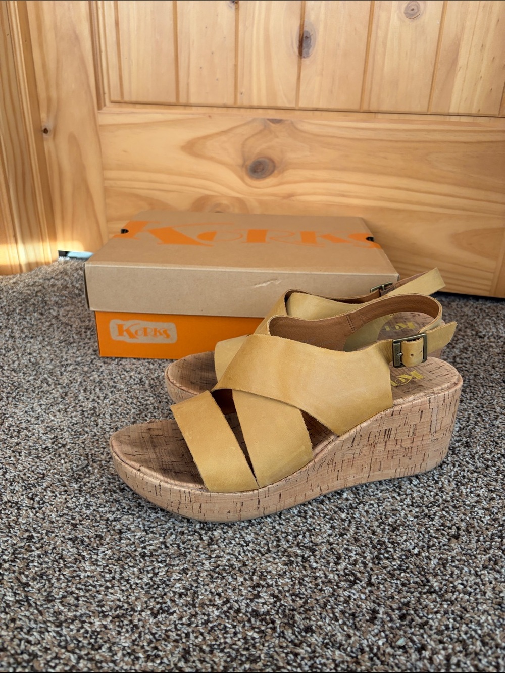 Kork-Ease Women's Yellow Leather Cork Wedge Sandals